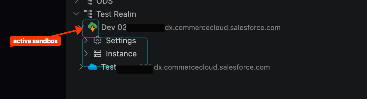 Real VS Code screenshot crop showing the active Dev 03 sandbox with Settings and Instance child actions.