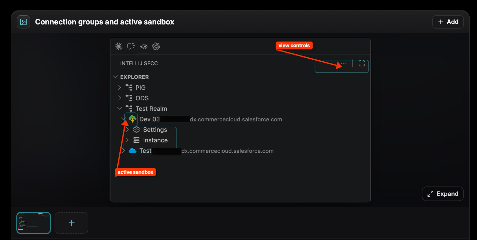 Cropped real VS Code screenshot of the Intellij SFCC Explorer connection tree with PIG, ODS, Test Realm, and active Dev 03 connection.