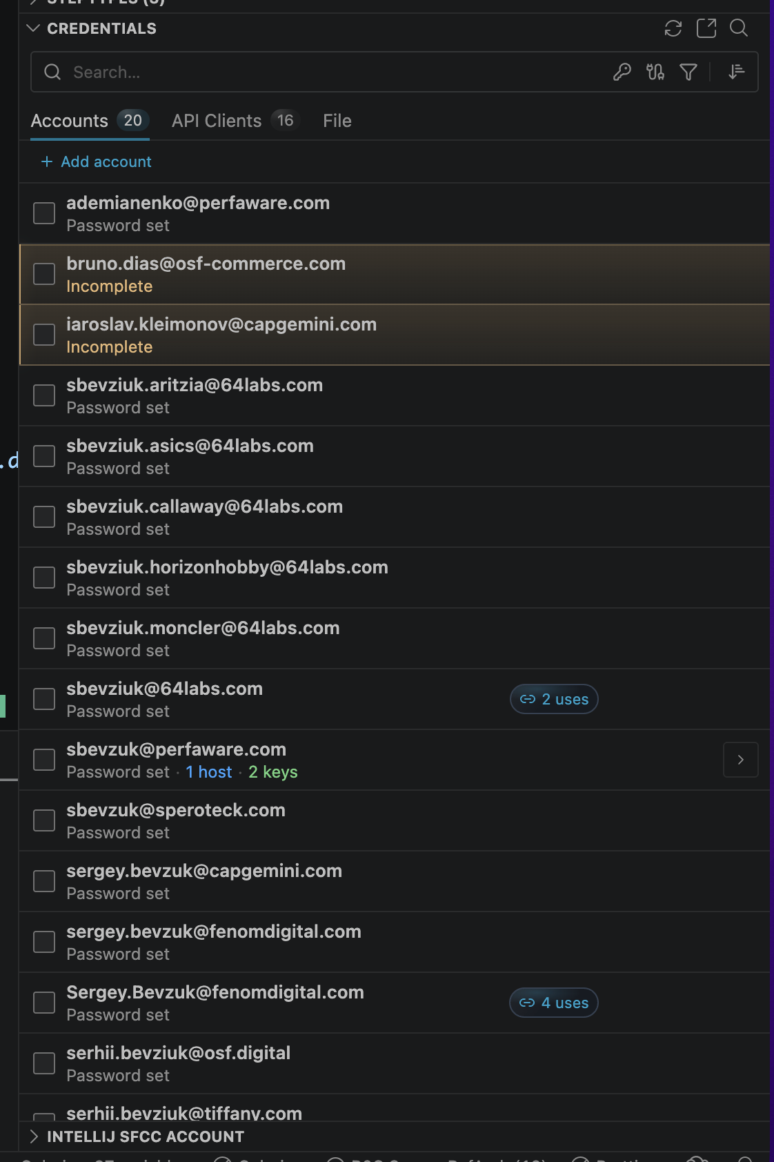 The Credentials panel with the linked file area, accounts list, and API clients list