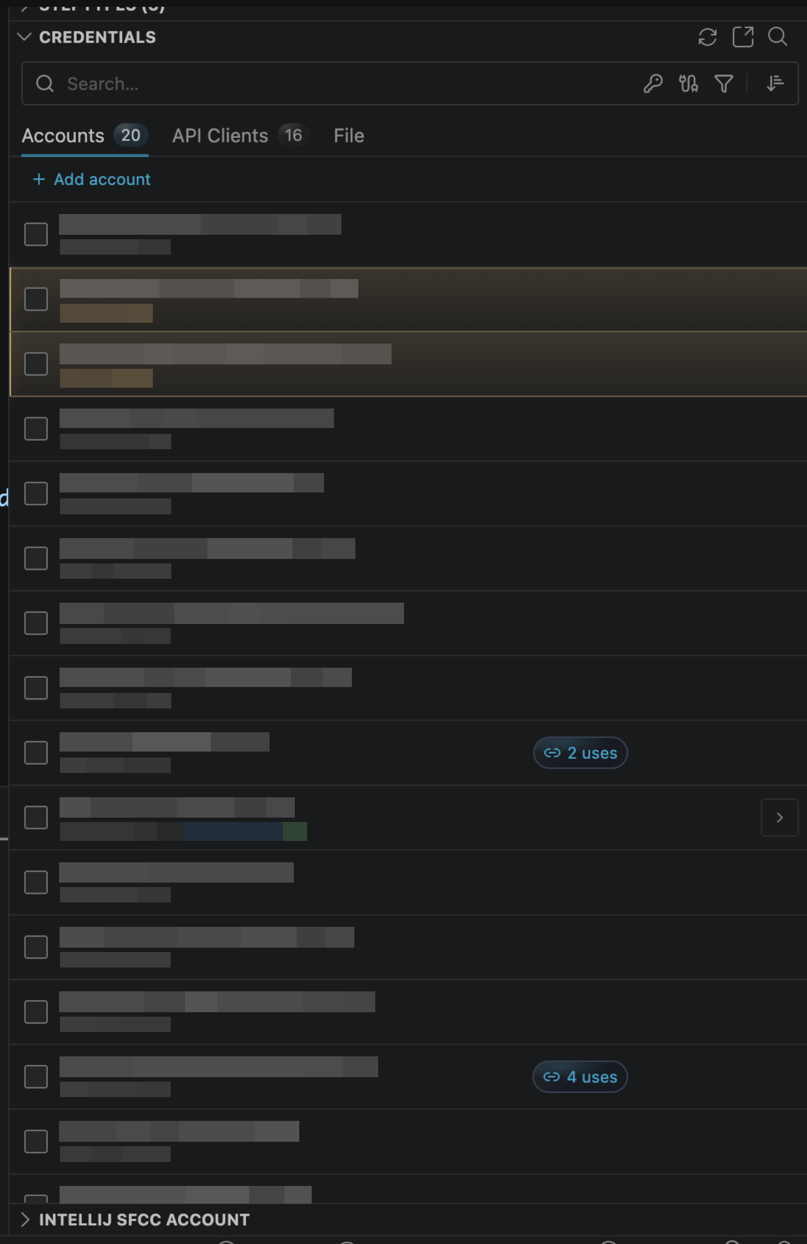 The Credentials panel with the linked file area, accounts list, and API clients list